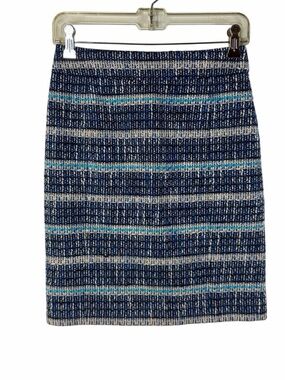 Tory Burch Navy and Cream Striped Knit Lined Pencil Skirt with Teal Accents Sz 0
